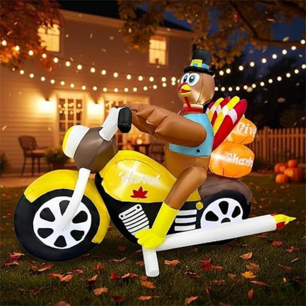 7FT Length Thanksgiving Inflatable Turkey Riding Motorcycle Decorations LED - Picture 7 of 7